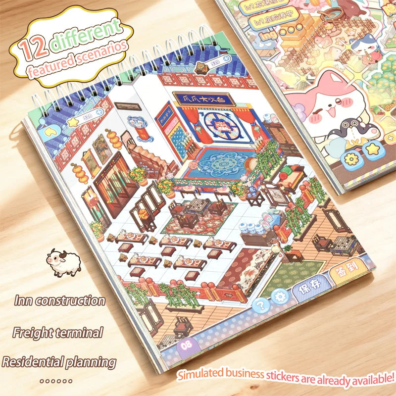 1 Book of 12 Different Scene Planner Stickers, Miniature Scene Collection Book, Newly Upgraded with Positioning Lines for DIY Stickers