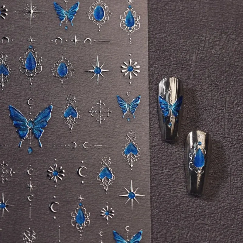Bohemian Blue Gemstone Butterfly Nail Stickers Exotic Starry Cool Tone Premium Nail Art Decals DIY Easy Apply Waterproof