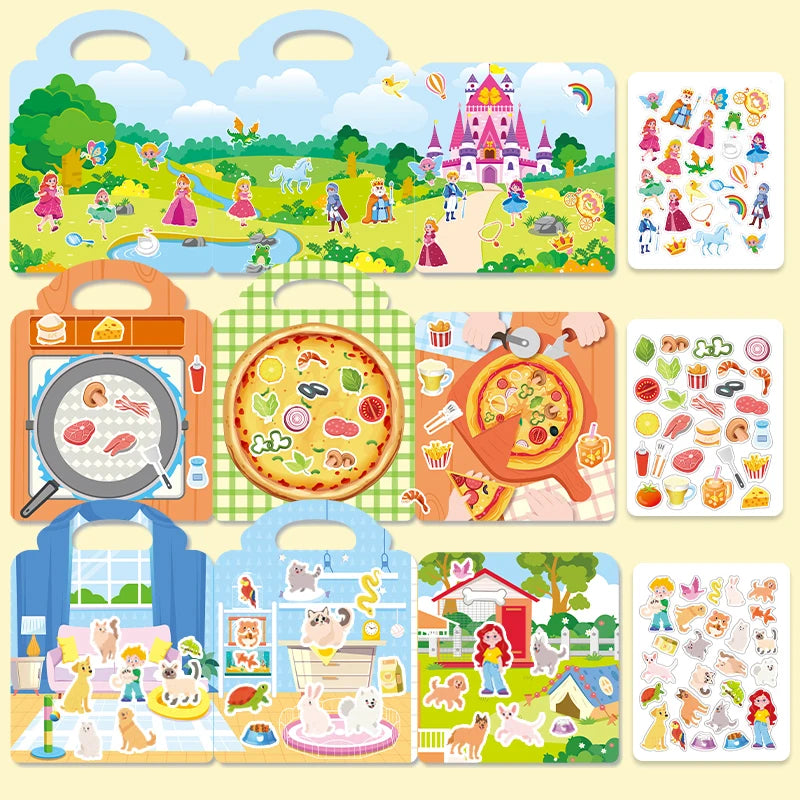 3pcs Children Reusable Jelly Sticker Books Animal Ocean Cartoon Sticker Toy Portable DIY Paste Book Sticker Toy Gifts for Kids