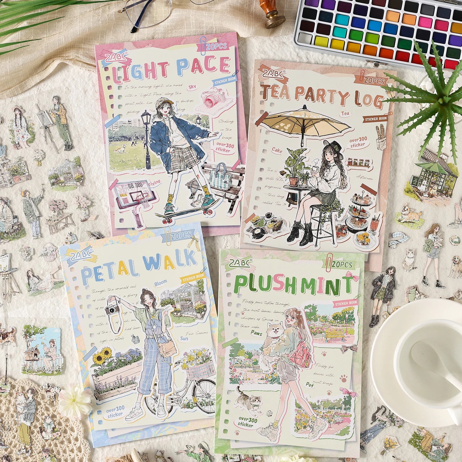 4 Packs, 20 Sheets/Book |   Artistic and Fresh Style, Forest-Themed Girl and Cute Pet Life-Themed Journal Sticker Book, Zabc Watercolor-Style Character and Scene DIY Decorative Stickers. |   Used for Office Art Decoration Collages, Diaries, Cups, and DIY
