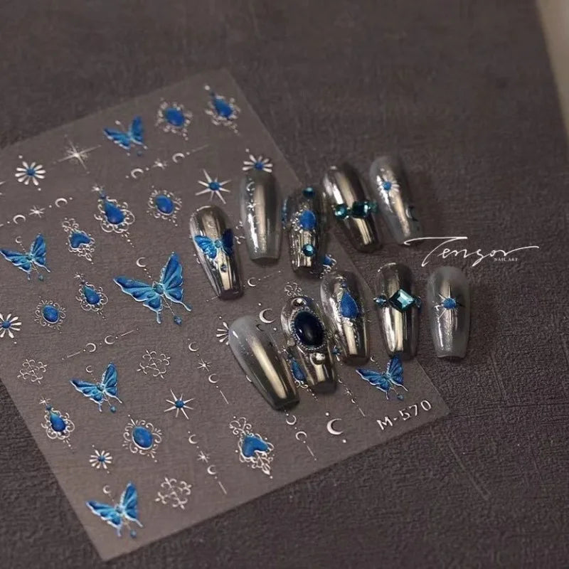 Bohemian Blue Gemstone Butterfly Nail Stickers Exotic Starry Cool Tone Premium Nail Art Decals DIY Easy Apply Waterproof