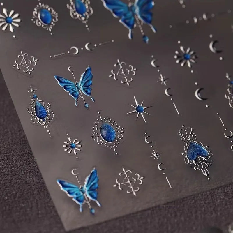 Bohemian Blue Gemstone Butterfly Nail Stickers Exotic Starry Cool Tone Premium Nail Art Decals DIY Easy Apply Waterproof