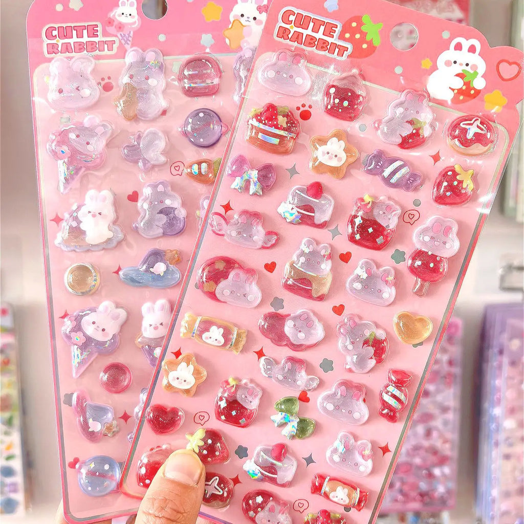 Kawaii Strawberry Rabbit Unicorn Drop 3D Relief Stickers Crystal for Phone Case DIY Scrapbooking Journaling Stationery Diary